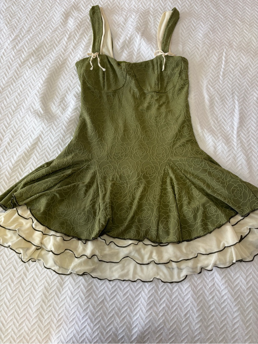 RIHOAS Olive Green Floral Jacquard Mini Dress with Cream Ruffled Hem